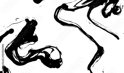 Abstract black ink patterns on a white background, creating a dynamic and fluid design.
