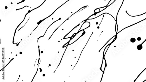An abstract black and white design featuring flowing lines and scattered dots, creating a dynamic and artistic composition.