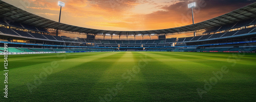 Spectacular sunset over a vibrant cricket stadium field