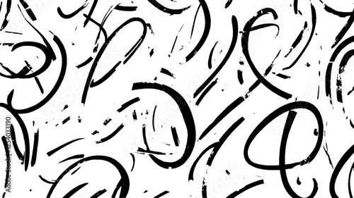 A dynamic abstract pattern featuring bold black brush strokes on a white background, creating a sense of movement and energy.