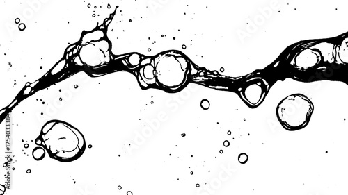An abstract black and white illustration featuring various sizes of bubbles and droplets suspended in a fluid-like form. 