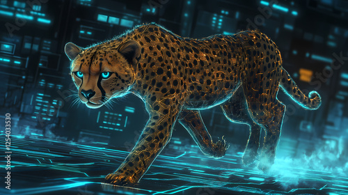 Cheetah prowling through futuristic blockchain landscape with glowing circuits and holographic data. Holographic Wildlife. Illustration