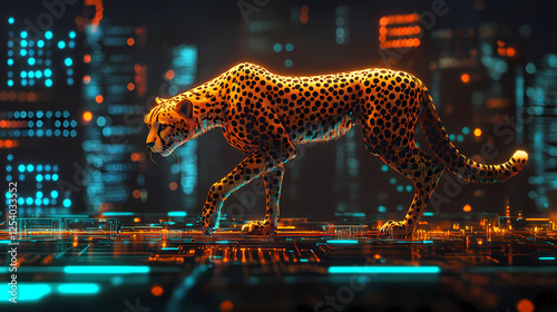 Cheetah prowling through futuristic blockchain landscape with glowing circuits and holographic data. Holographic Wildlife. Illustration