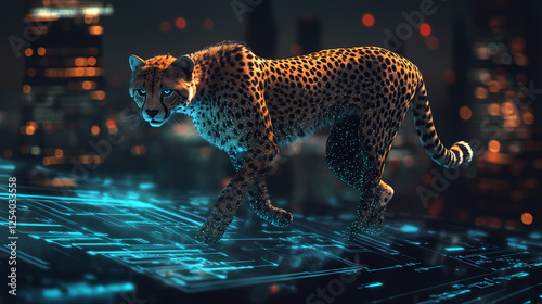 Cheetah prowling through futuristic blockchain landscape with glowing circuits and holographic data. Holographic Wildlife. Illustration