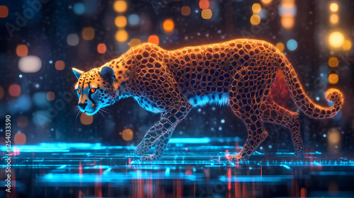 Cheetah prowling through futuristic blockchain landscape with glowing circuits and holographic data. Holographic Wildlife. Illustration