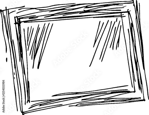 A hand-drawn sketch of a rectangular picture frame with a rough, artistic outline. The frame is empty, emphasizing its shape and texture.