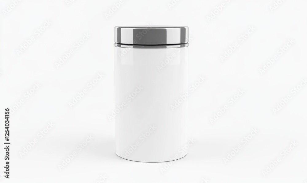 White cylindrical jar with silver lid, isolated on white background, for product packaging design White cylindrical jar with silver lid, isolated on white background, for product packaging design