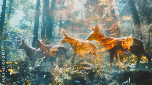 Forest ecosystem disruption causing animal suffering and death due to habitat loss climate change and human encroachment on natural environments. Holographic Wildlife. Illustration