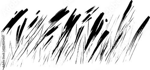 A stylized illustration of grass blades in black and white, featuring dynamic brush strokes that create a sense of movement and texture.