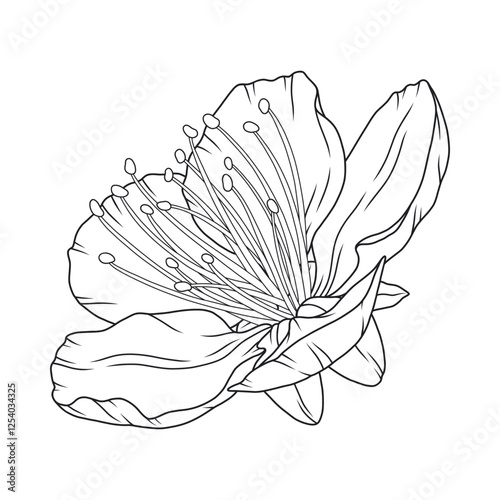 Beautiful apricot flower, graceful thin line. Japanese sakura blossom. Hand drawn cherry or plum bloom sketch, outline. Vector illustration