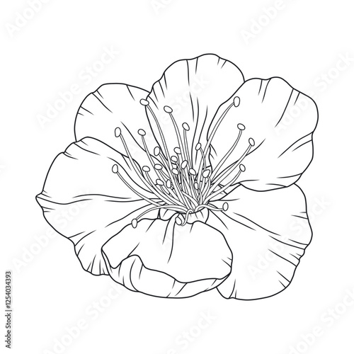Beautiful apricot flower, graceful thin line. Japanese sakura blossom. Hand drawn cherry or plum bloom sketch, outline. Vector illustration