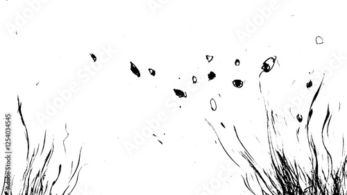 An abstract black and white illustration featuring flowing lines and scattered shapes resembling leaves or petals against a white background.