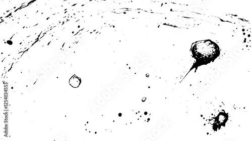 An abstract black and white illustration featuring various ink splatters and shapes on a white background, creating a dynamic and artistic composition.