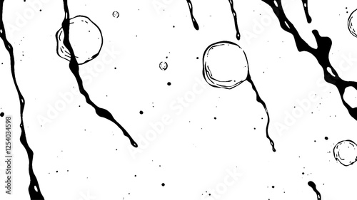 An abstract black and white illustration featuring splashes and droplets resembling ink or paint, with circular shapes scattered throughout.