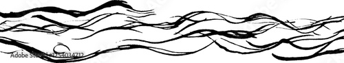 An abstract black and white illustration featuring flowing lines that resemble waves or water currents. The design is fluid and dynamic, evoking a sense of movement.