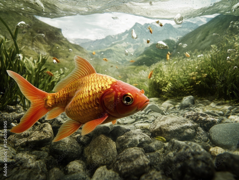 Naklejka premium Goldfish swimming near rocks and grass
