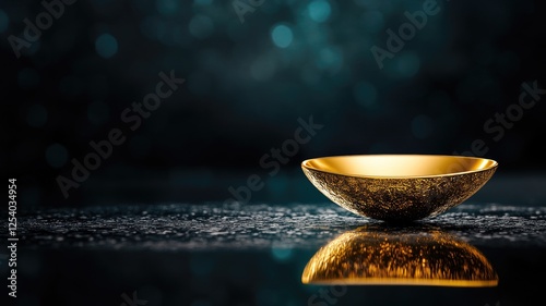 Elegant golden bowl on reflective surface with dark background, evokes luxury and sophistication