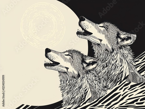 Illustrated poster majestic wolves with geometric fur patterns howling at a stylized moon, Swiss design photo