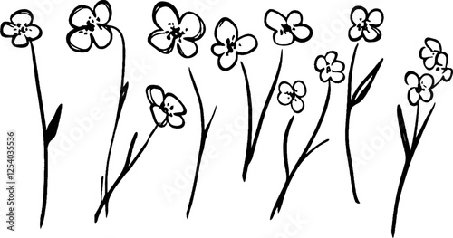 A collection of hand-drawn flowers with simple outlines and minimal details, showcasing various flower shapes and slender stems.