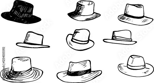 A collection of hand-drawn hats in various styles and shapes, including fedoras and wide-brimmed hats, displayed in a grid format.