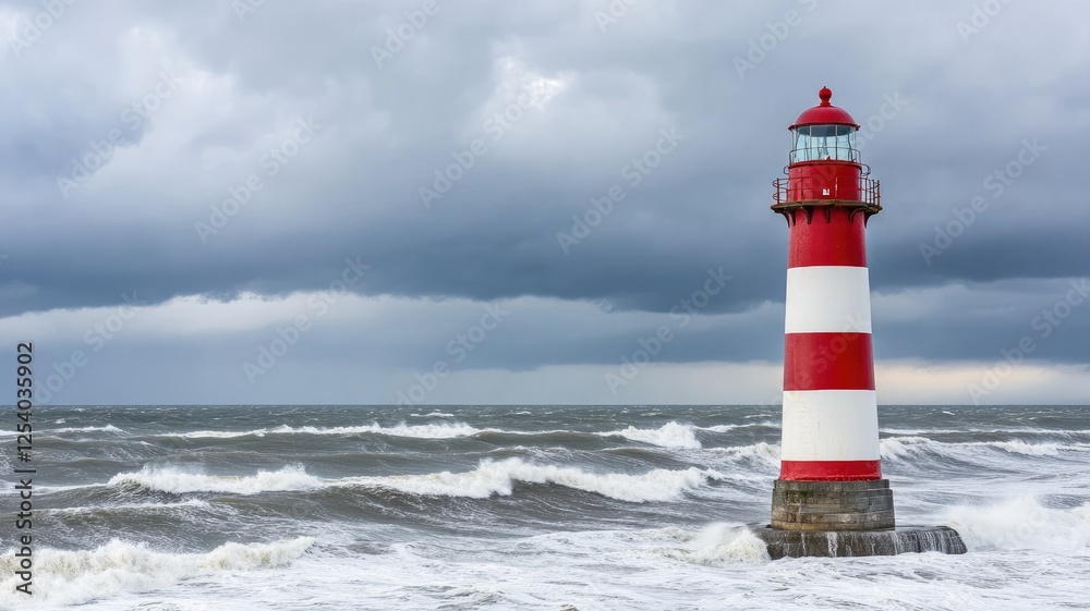 Fototapeta premium Red and white lighthouse with stormy sea clouds