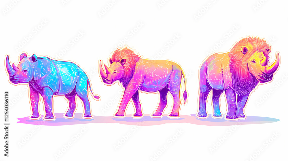 Obraz premium Set of three multicolored holographic stickers african animals lion, rhinoceros, elephant on a white background. Holographic Wildlife. Illustration