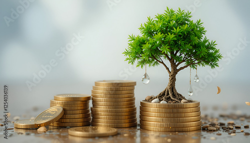 It is a stack of coins with a young tree as the background changes with the seasons.