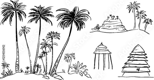 A collection of hand-drawn tropical elements including palm trees, rocky formations, and huts.