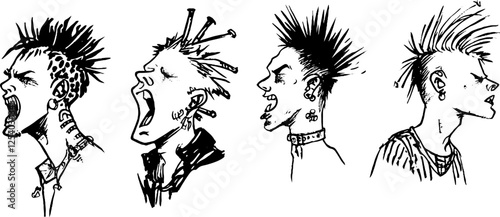 A series of four punk-inspired character illustrations, each with unique hairstyles and expressions.