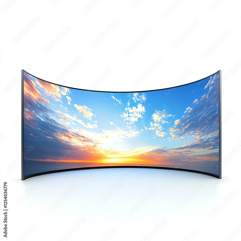 Naklejka premium A modern curved screen showcasing a stunning sunset over the ocean, reflecting vibrant colors and captivating clouds in a tranquil atmosphere.