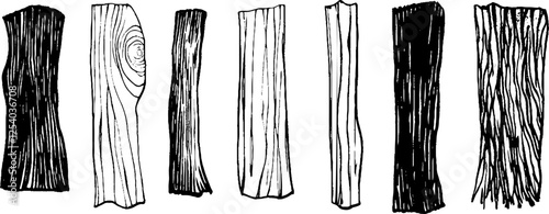 A collection of eight wooden logs illustrated in various styles, showcasing different textures and patterns of wood grain. The logs vary in shape and thickness