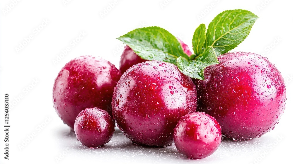 Obraz premium Fresh red plums with water droplets and green leaves isolated on a white background.