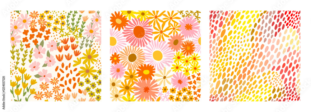 Set of seamless ditsy patterns with various wild meadow flowers. Сolourful cute floral summer backgrounds. Lovely design for wrapping, textile, cover, print, banner, greeting card, label, wallpaper.