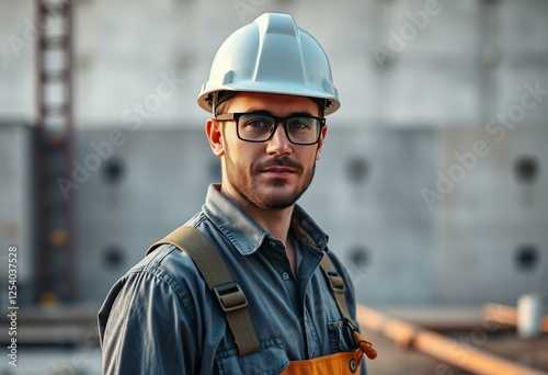 Male constructor worker in a neutral setting