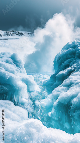 Geothermal springs erupting through Arctic ice sheets creating a stunning frozen landscape with steaming hot water contrasting against icy formations in a breathtaking and surreal winter wilderness photo