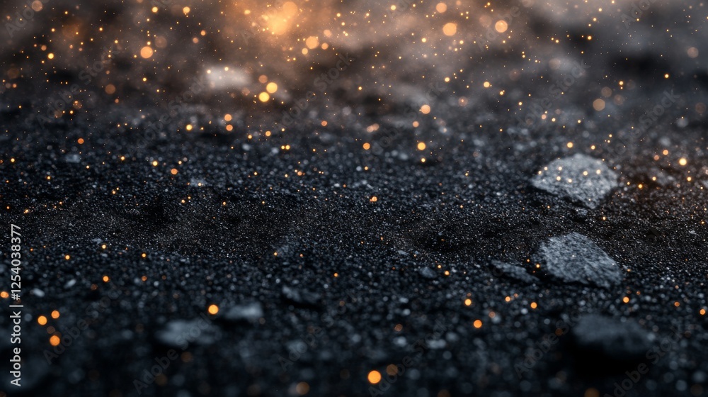 Dark rock surface with glowing embers and blurry background Dark rock surface with glowing embers and blurry background