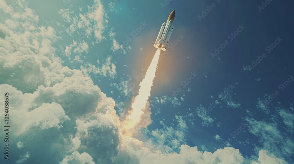 Obraz premium Spectacular Rocket Launch Through Clouds: A Journey to Space