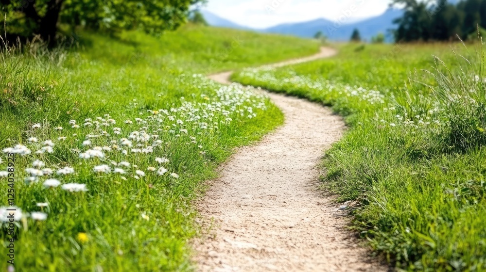Winding trail through green meadow with white flowers Winding trail through green meadow with white flowers