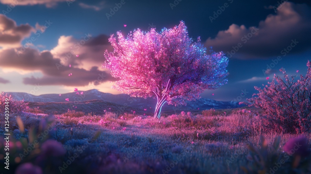 Neon Glass Tree in Luminous Meadow, vibrant colors illuminate intricate glass branches, surrounded by glowing flora, enchanting atmosphere