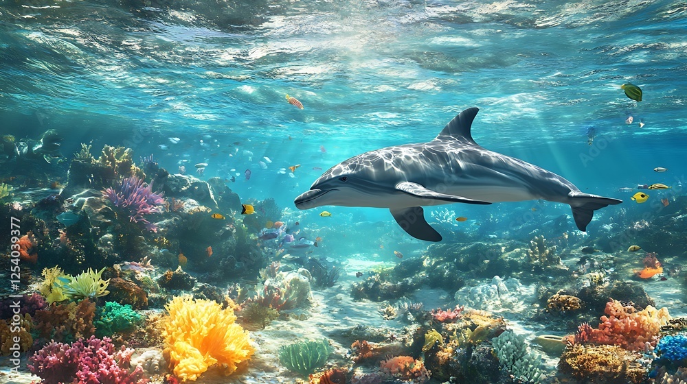 Fototapeta premium Humpback whale soaring over coral reef paradise filled with exotic ocean creatures