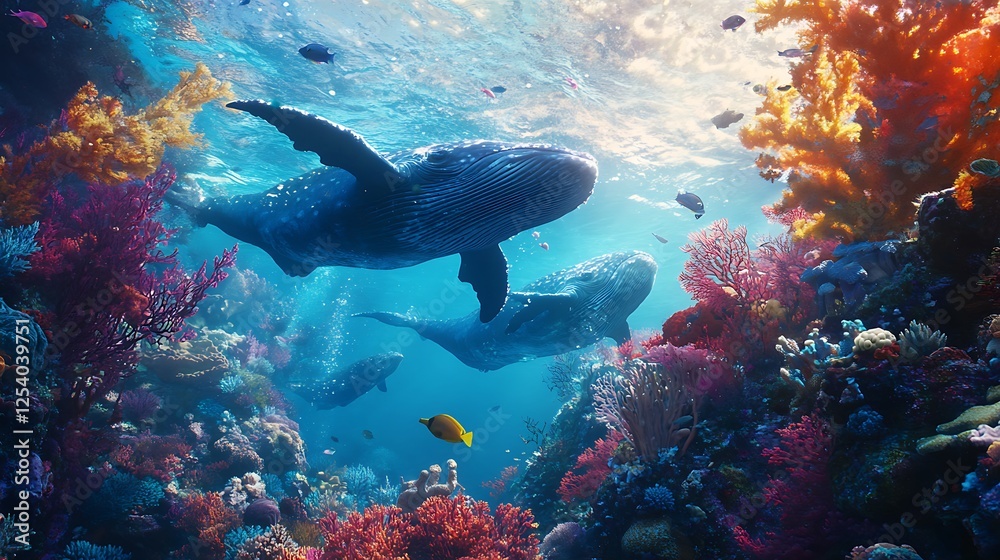 Spectacular humpback whale soaring above vibrant coral reef full of exotic sea creatures Spectacular humpback whale soaring above vibrant coral reef full of exotic sea creatures