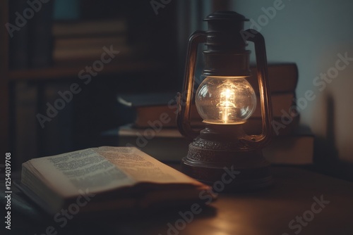 A lantern casts a warm, comforting light on an open book against a shadowy backdrop, inviting one into a realm of literary escape. photo