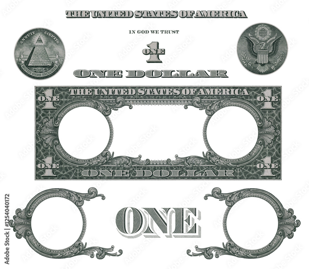 Elements of 1 US dollar banknote