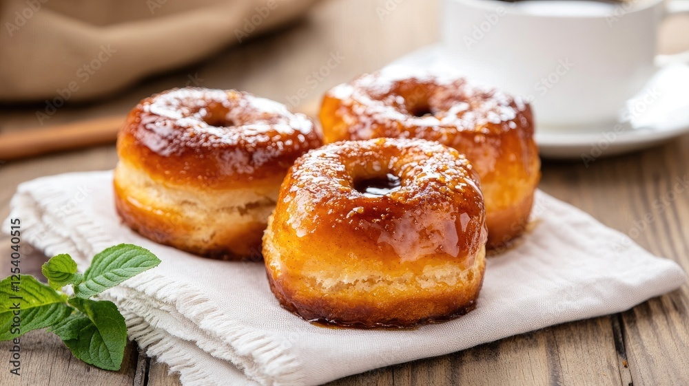 Three glazed donuts with powdered sugar on cloth napkin beside mint leaves and cup of coffee Three glazed donuts with powdered sugar on cloth napkin beside mint leaves and cup of coffee