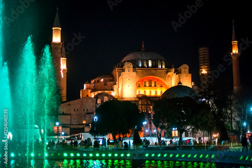 Photography Fountain near Hagia Sophia in the evening with illumination in Istanbul