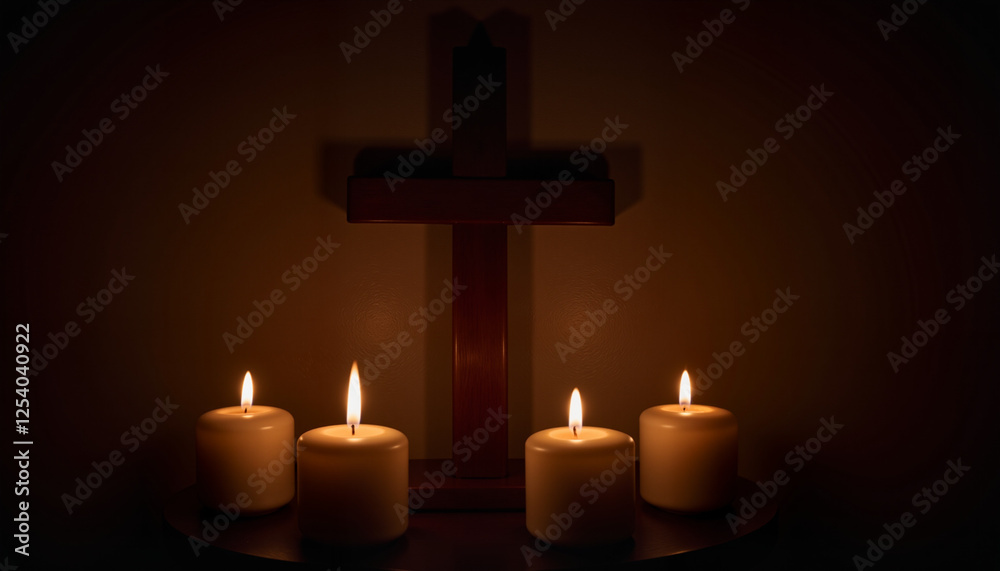 Flickering candles by shadowed cross in dark room, Maundy Thursday Flickering candles by shadowed cross in dark room, Maundy Thursday