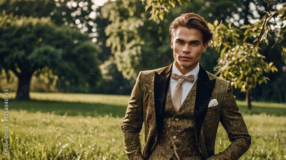 A beautiful young couple dressed in elegant clothing enjoys a leisurely walk in the park on a green field, embodying old money style and rich people lifestyle. A beautiful young couple dressed in elegant clothing enjoys a leisurely walk in the park on a green field, embodying old money style and rich people lifestyle.