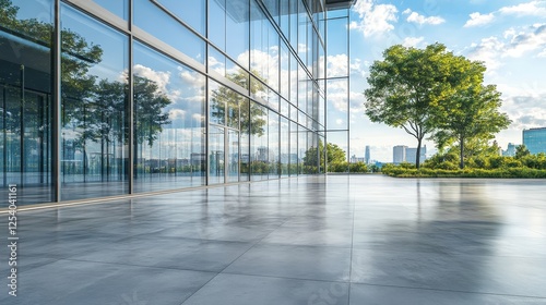 3d render of abstract futuristic glass architecture with empty concrete floor.