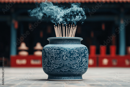 Incense Burning in Blue Ceramic Jar: A bundle of incense sticks smolders gently in an ornate blue ceramic jar, releasing a calming stream of grey smoke. photo