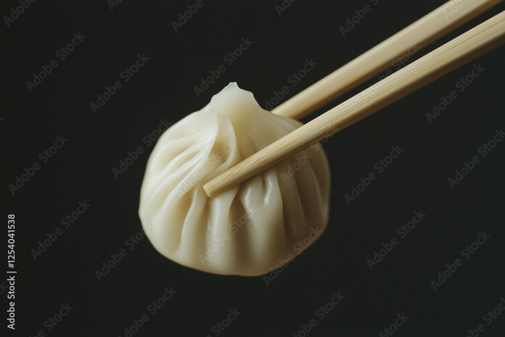 Delicate Dumpling with Chopsticks: A single, perfectly formed steamed dumpling held delicately by chopsticks, showcasing its translucent skin and enticing aroma. Delicate Dumpling with Chopsticks: A single, perfectly formed steamed dumpling held delicately by chopsticks, showcasing its translucent skin and enticing aroma.